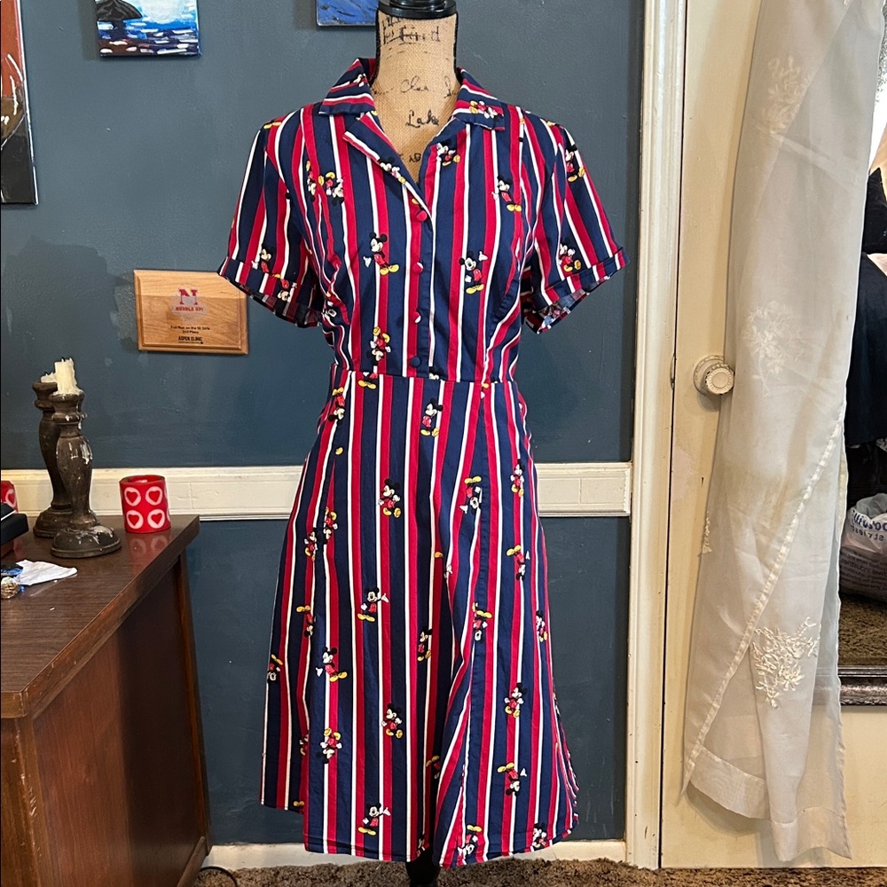Mickey Mouse Striped Navy and Red Short Sleeve Shirt Dress